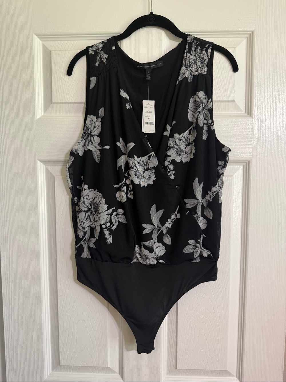 White House Black Market Black & White Floral Surplice Bodysuit